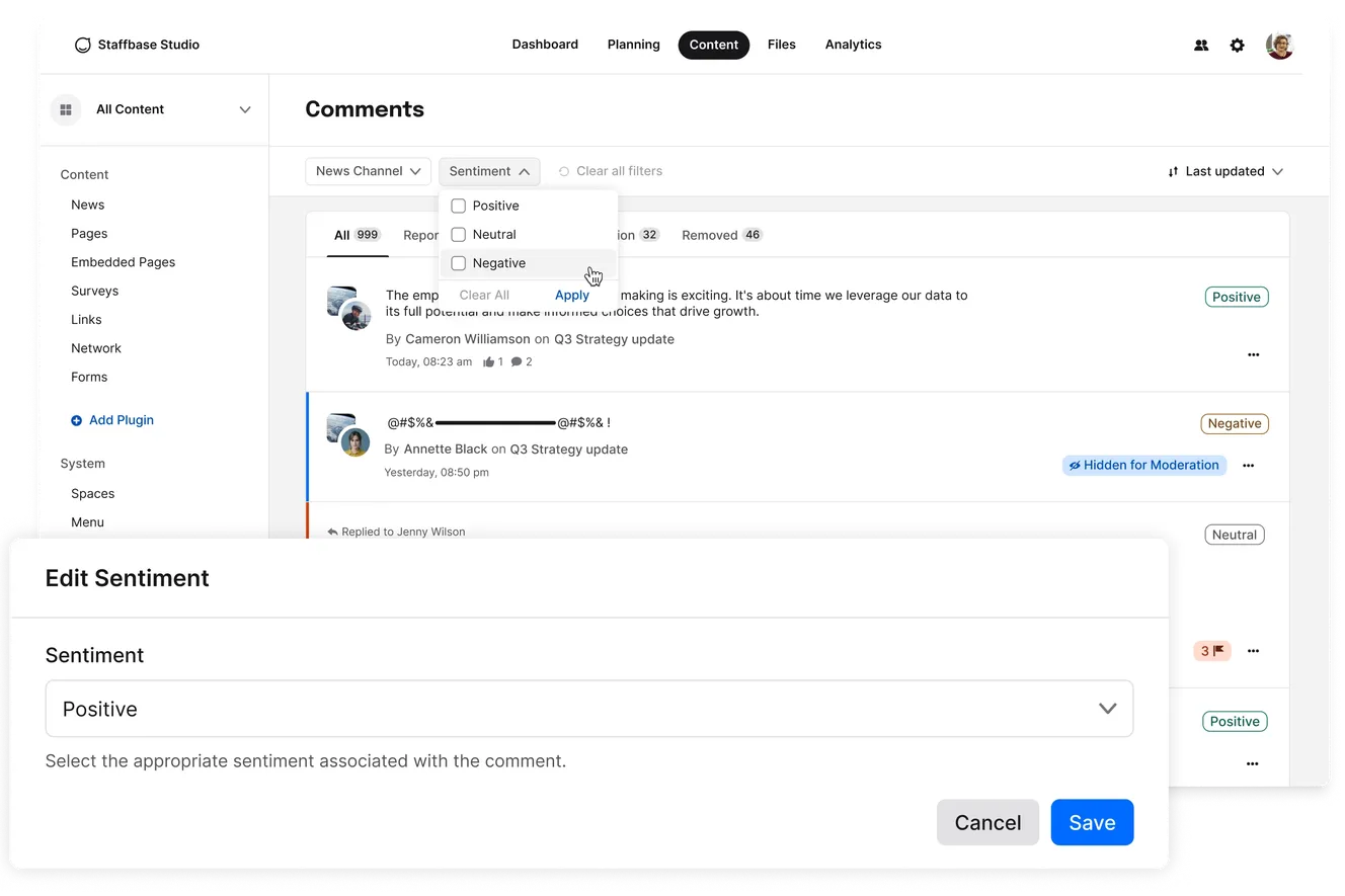 Dashboard interface showing a comments section with sentiment analysis options. A pop-up window allows editing sentiment to "Positive."