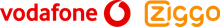 VodafoneZiggo logo with "vodafone" in red and "ziggo" in orange, featuring a stylized circle and square symbol.