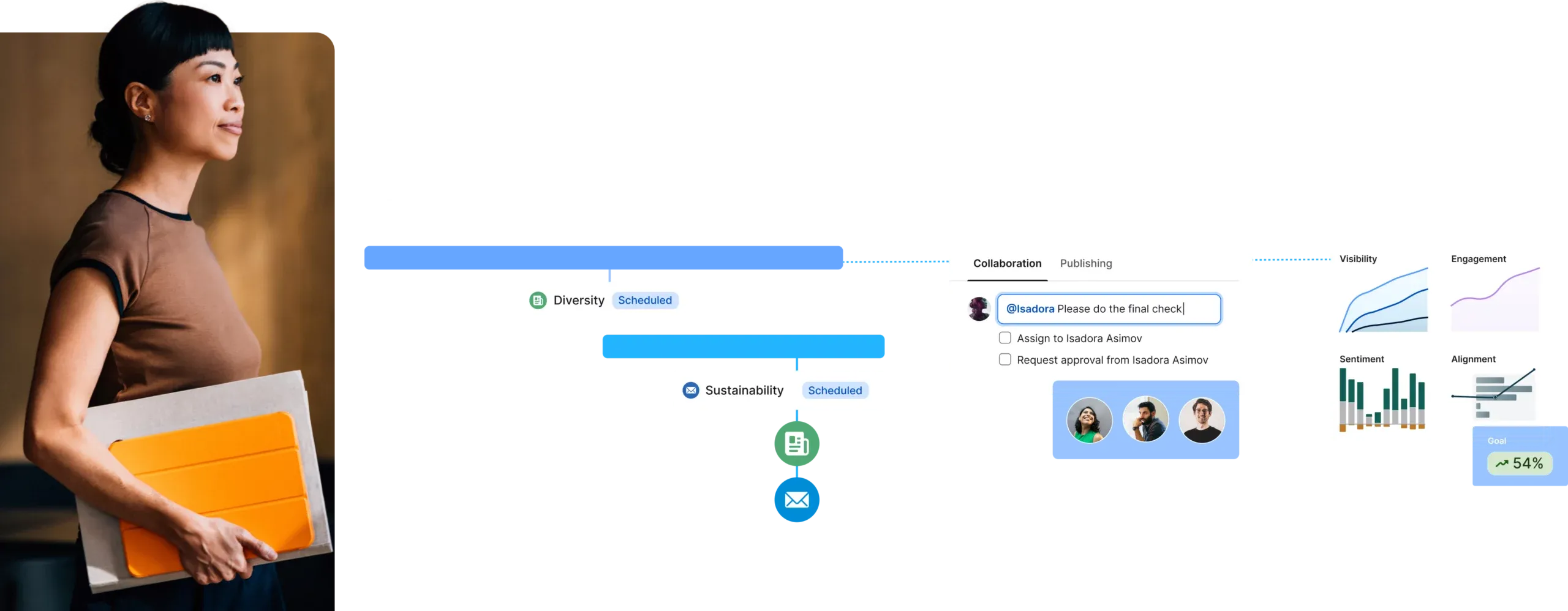 Businesswoman holding a folder, with digital project management graphics, including timelines, collaboration tools, and engagement metrics.