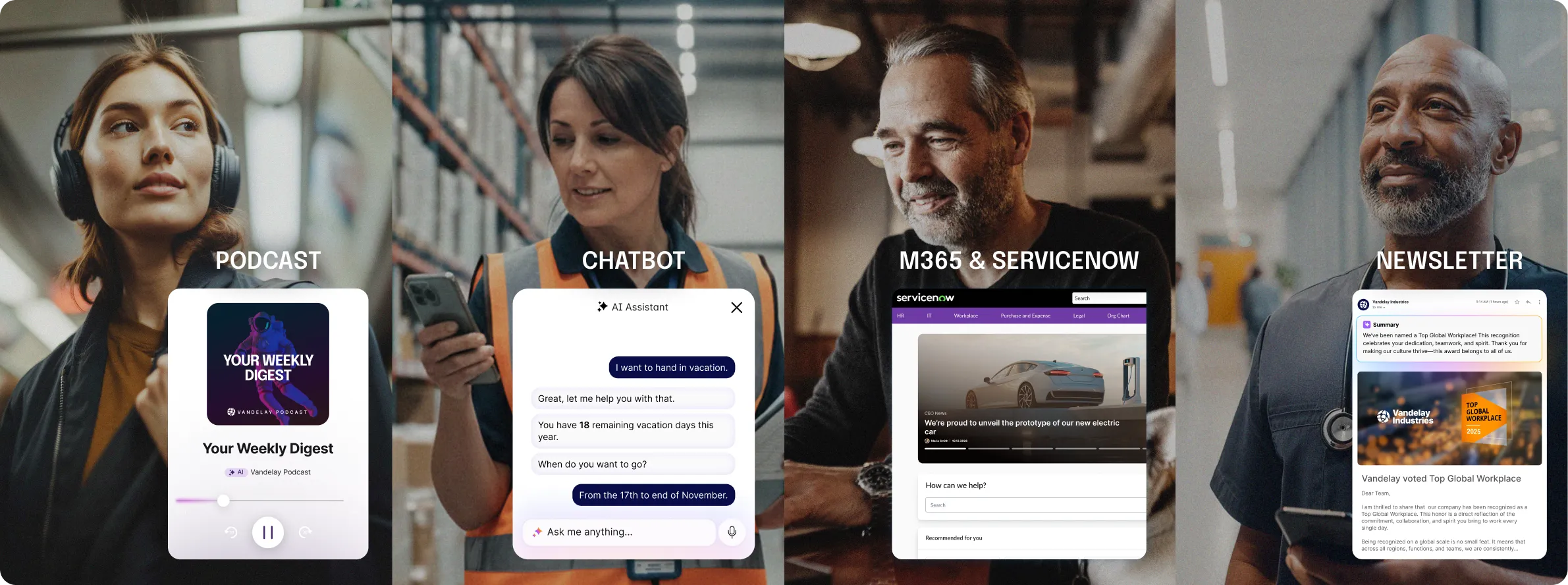 Four diverse professionals using digital tools: podcast, chatbot, M365 & ServiceNow, and newsletter, each with a relevant interface displayed.