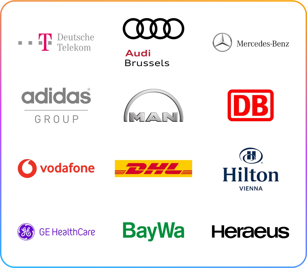 Logos of various companies including Deutsche Telekom, Audi, Mercedes-Benz, Adidas, MAN, DB, Vodafone, DHL, Hilton, GE Healthcare, BayWa, and Heraeus.