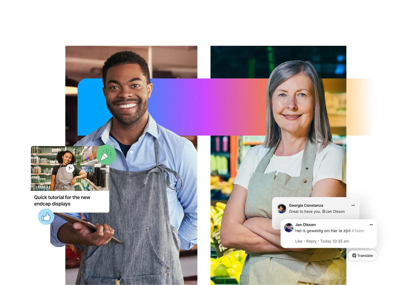 Two people wearing aprons, standing side by side. The person on the left holds a tablet with an overlay of a video tutorial titled