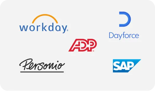 Logos of Workday, Dayforce, ADP, Personio, and SAP are displayed on a white background.