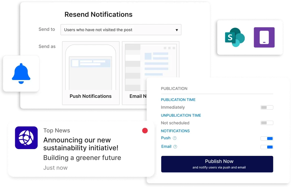 Collage of notification settings, including push and email options, with icons for SharePoint, Teams, and a bell symbol.