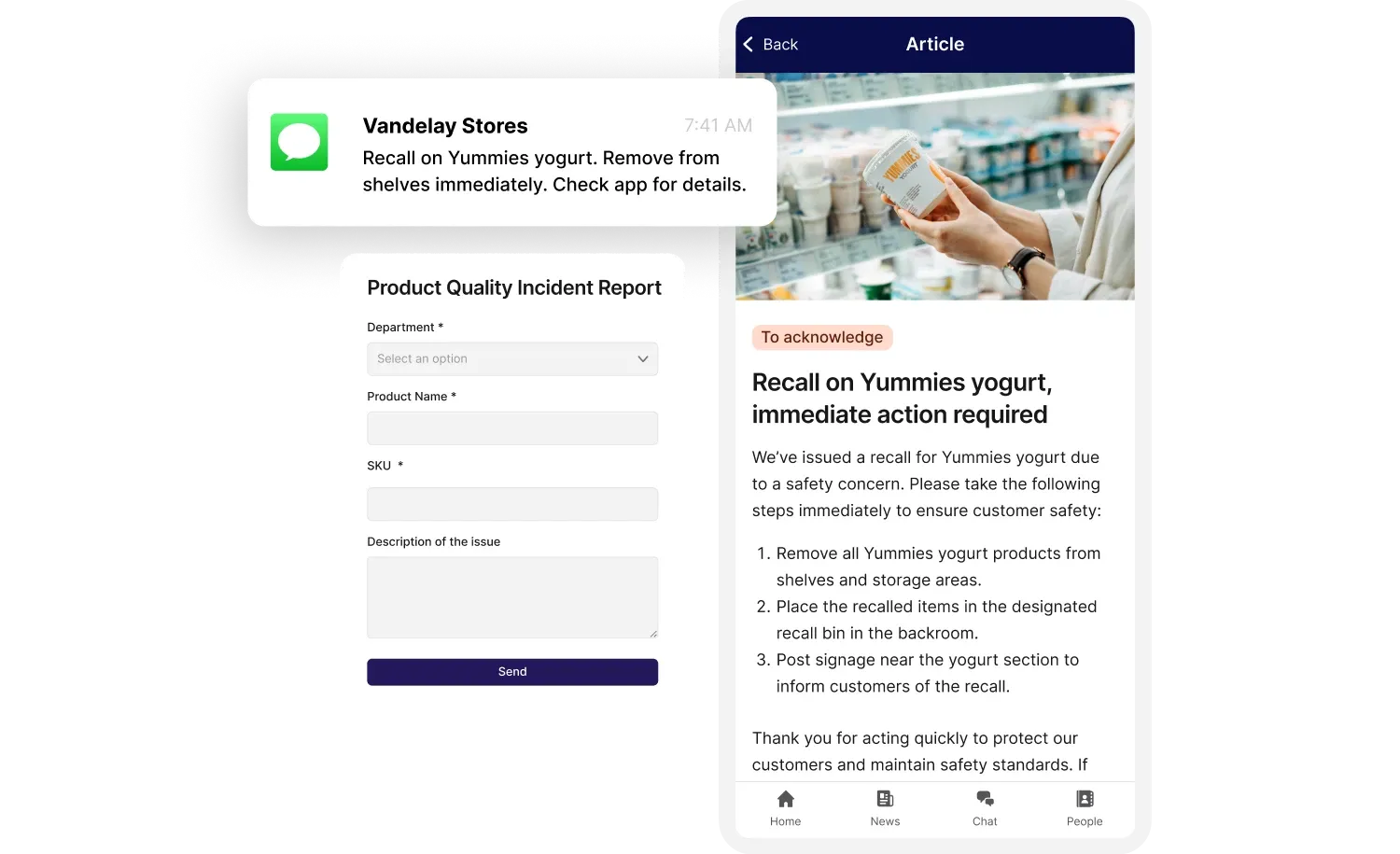 The image shows a notification, a form, and an article related to a product recall. The notification from