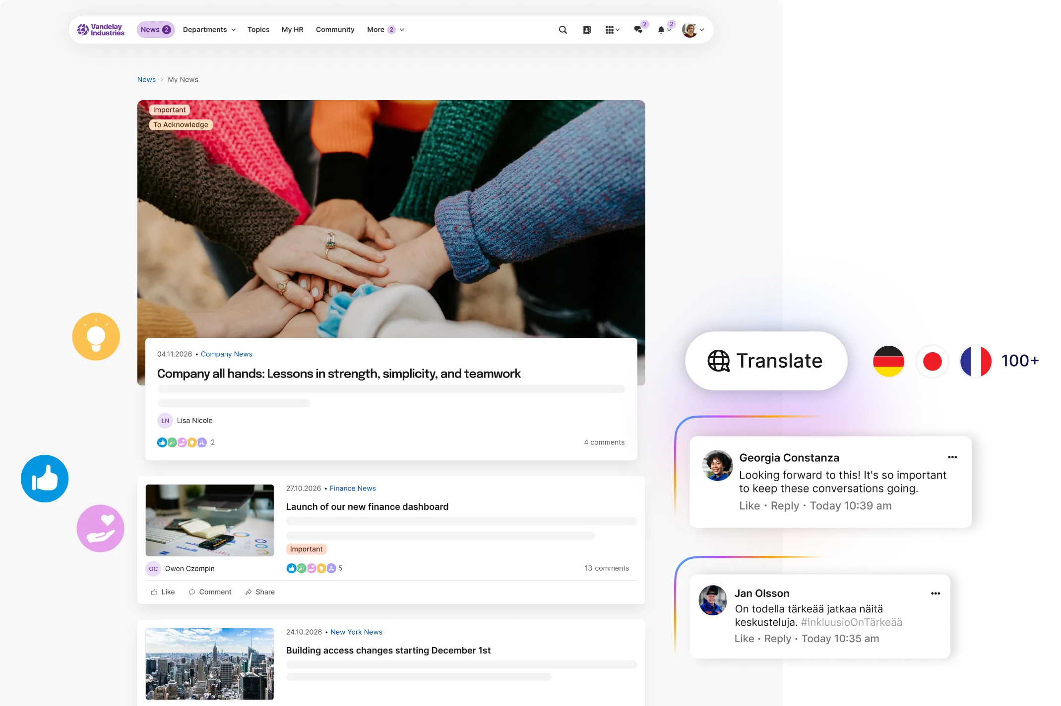A collaborative workspace interface showing a team photo, project updates, and multilingual chat messages with translation options.