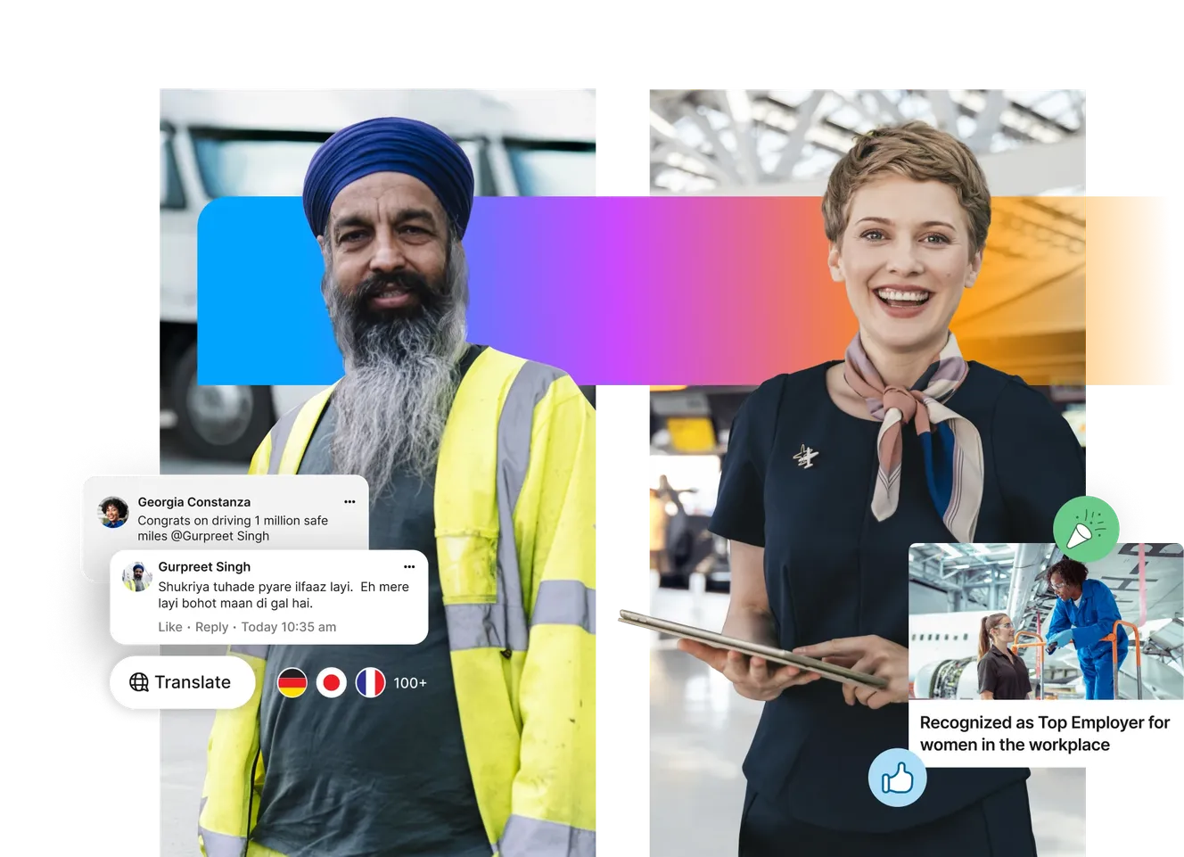 A smiling man in a turban and safety vest; a woman in a uniform holding a tablet. Text bubbles and icons are displayed around them.