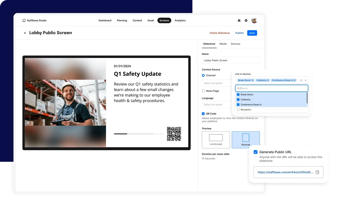 A digital interface displaying a safety update with a worker's photo, content settings, and options to share via email or public URL.