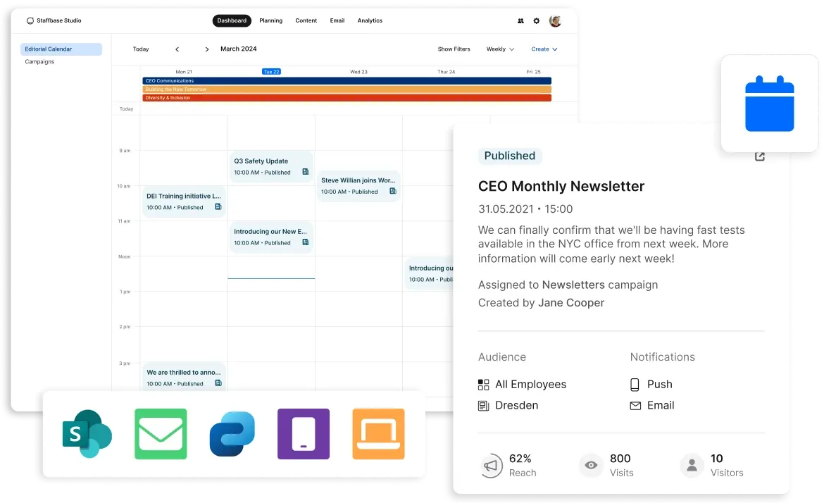 A digital calendar interface showing scheduled events, with icons for email, chat, and notifications. A published newsletter details are highlighted.