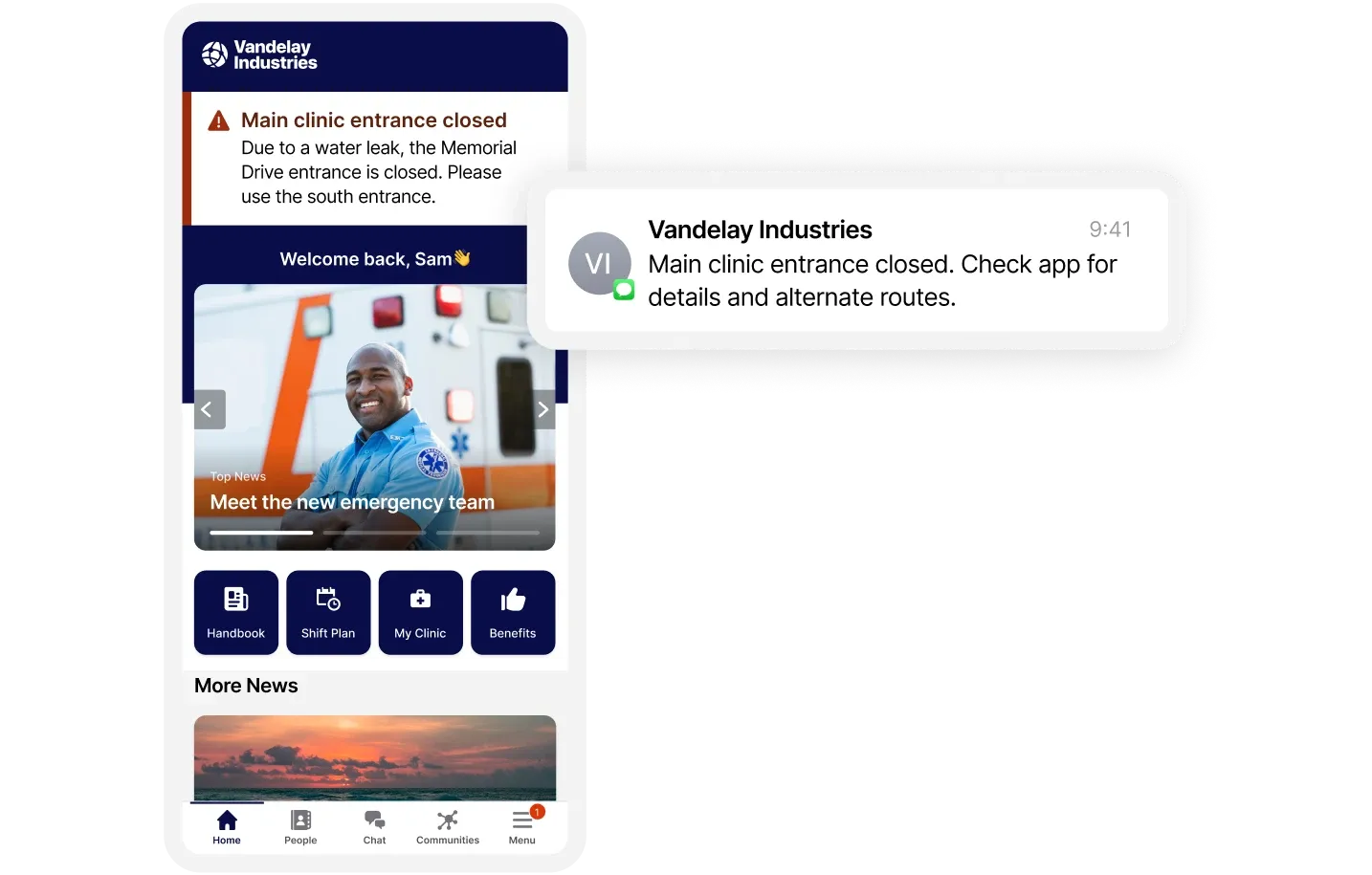 Mobile app interface showing a clinic closure alert due to a water leak, with a smiling emergency team member and navigation options below.