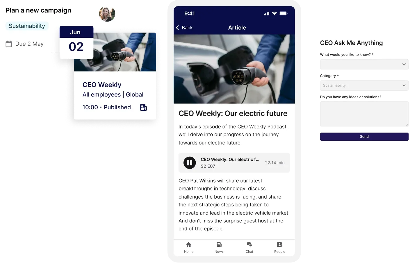 A collage showing a campaign plan, CEO podcast on electric future, and a form for submitting questions to the CEO.