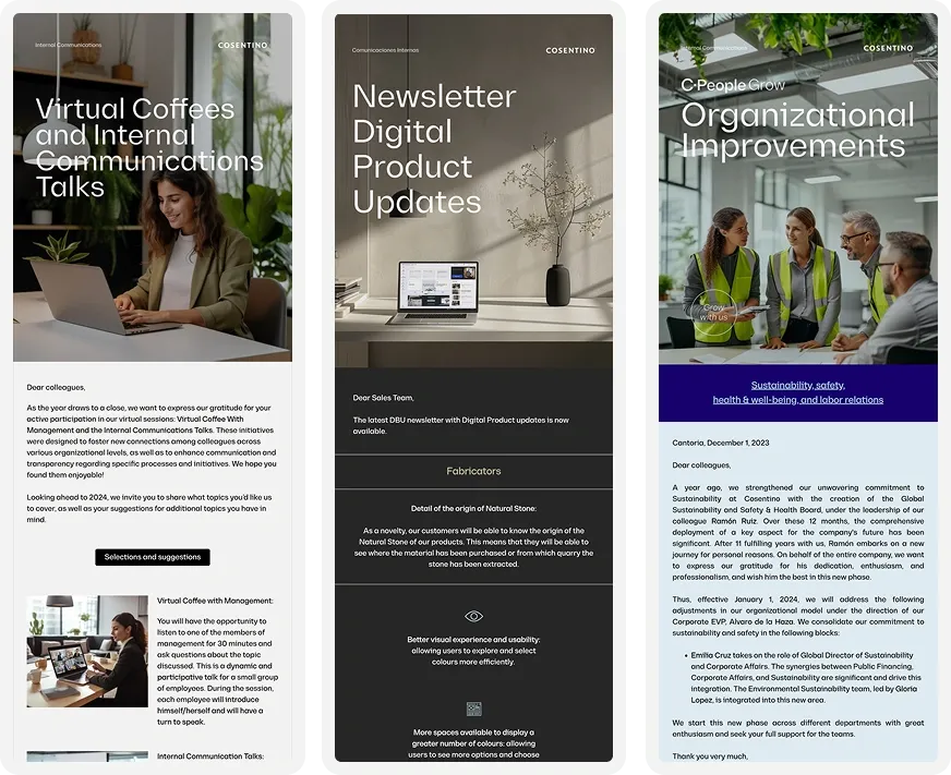 Three newsletter sections: Virtual Coffees, Digital Product Updates, and Organizational Improvements, featuring images of professionals and text details.