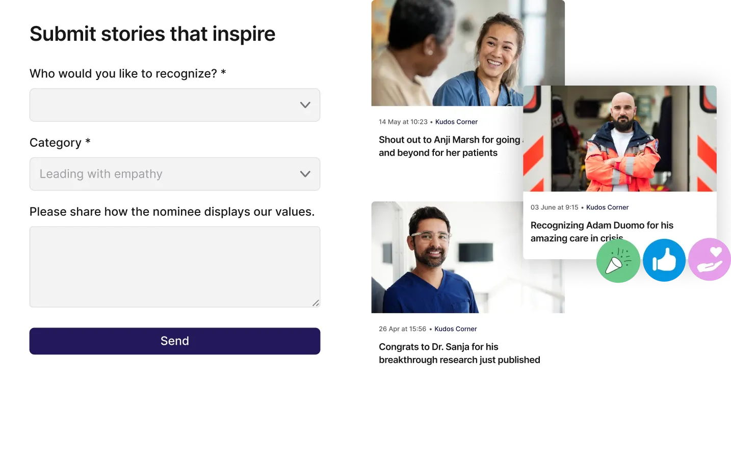 Split screen showing a form to submit inspiring stories on the left, and three recognition posts with healthcare professionals on the right.