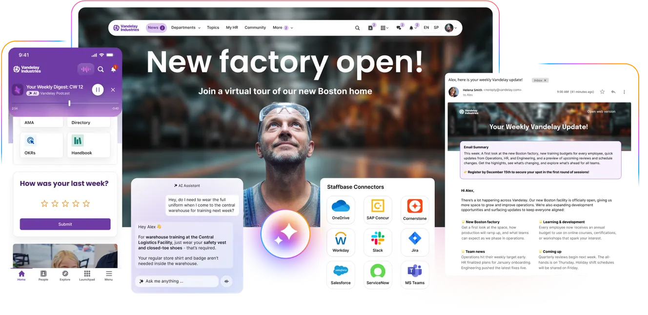 Collage of digital interfaces showcasing a factory opening announcement, a man looking up, app icons, and a newsletter update.