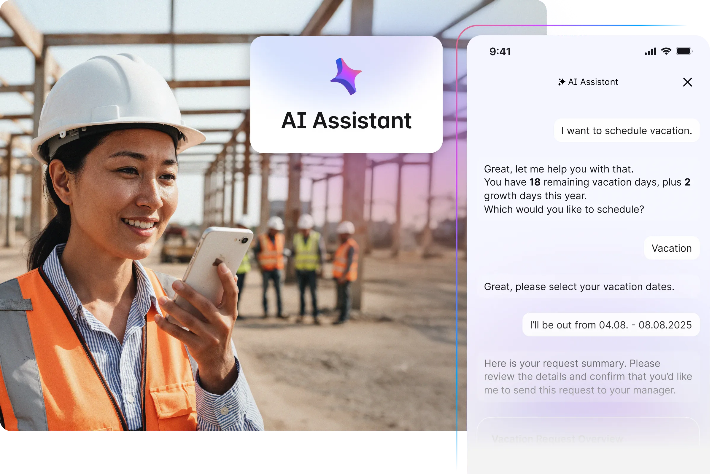 A construction worker uses a voice assistant on a smartphone. The screen displays a conversation about scheduling vacation days.