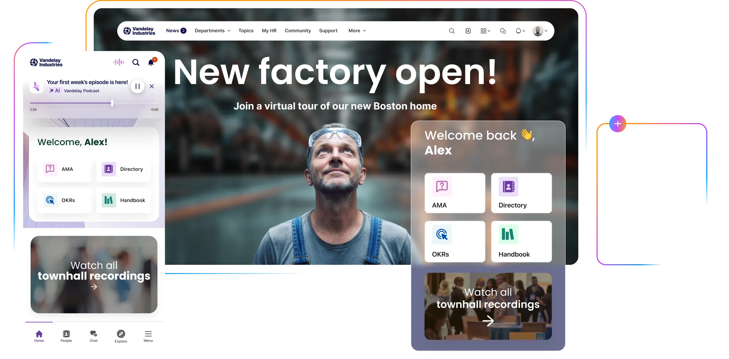 Digital dashboard with welcome message, virtual tour announcement, and various features like directory and handbook. Includes mobile and desktop views.