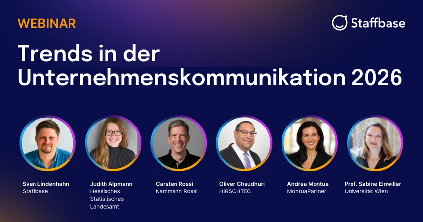 Webinar banner titled "Trends in der Unternehmenskommunikation 2026" with six speaker headshots and their names, organized by Staffbase.
