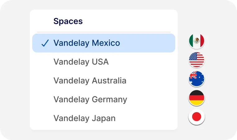 Menu showing a list of spaces with "Vandelay Mexico" selected. Flags of Mexico, USA, Australia, Germany, and Japan are on the right.