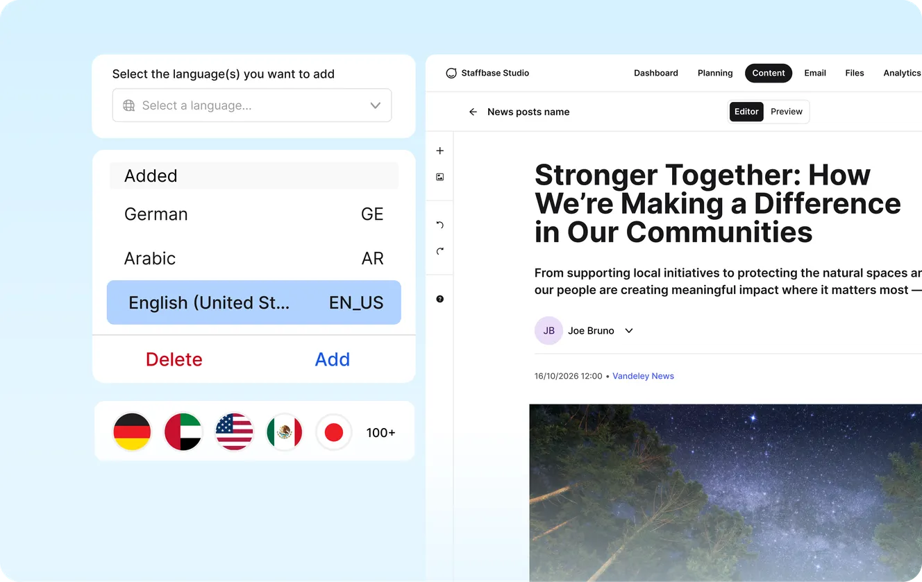 Staffbase Studio language selector with German, Arabic and English (US) added, flags for 100+ languages, beside a news post in the editor.