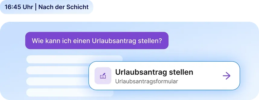 Staffbase KI-Assistent beantwortet eine Frage zum Urlaubsantrag mit direktem Link zum Formular