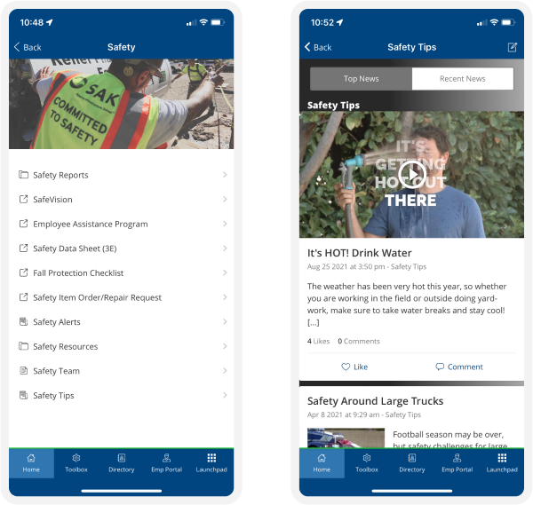 Employee app. Two smartphone screens showing a safety app interface with menu options and safety tips, including hydration advice in hot weather.