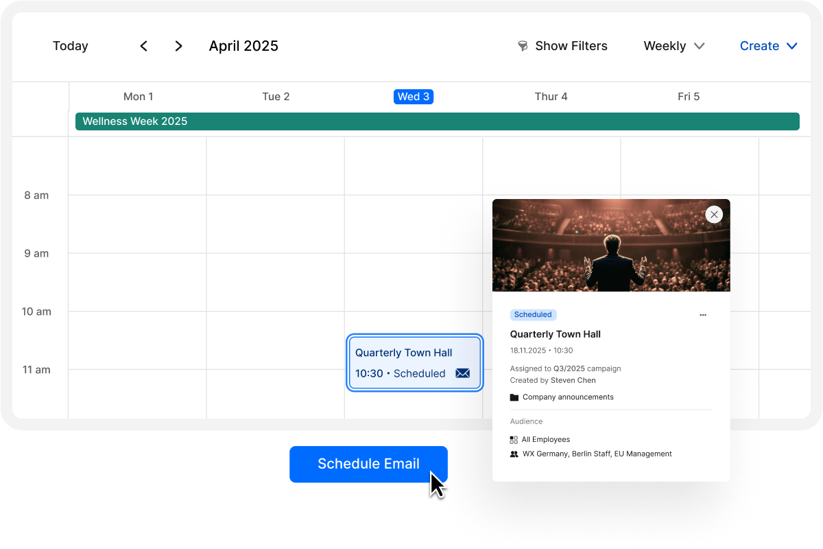 Calendar interface showing a scheduled event, "Quarterly Town Hall," on April 2, 2025, at 10:30 am. A pop-up details the event.
