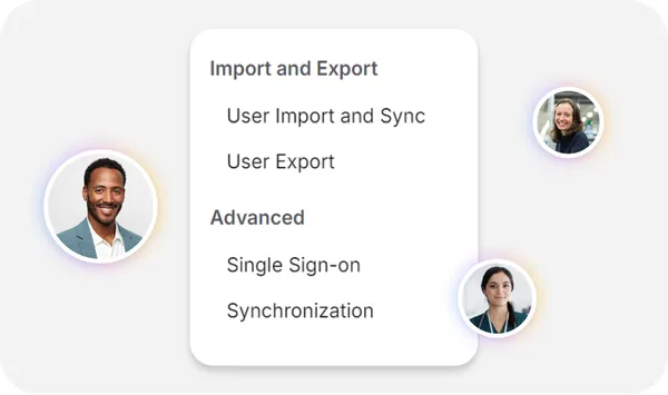 Interface showing import/export options and advanced features like Single Sign-on and Synchronization. Three people are pictured nearby.