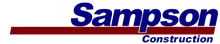 Logo of Sampson Construction featuring bold blue text with a red underline.