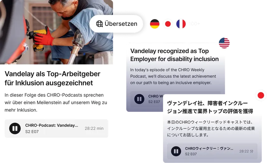Podcast episode with text in multiple languages discussing Vandelay's recognition as a top employer for disability inclusion.