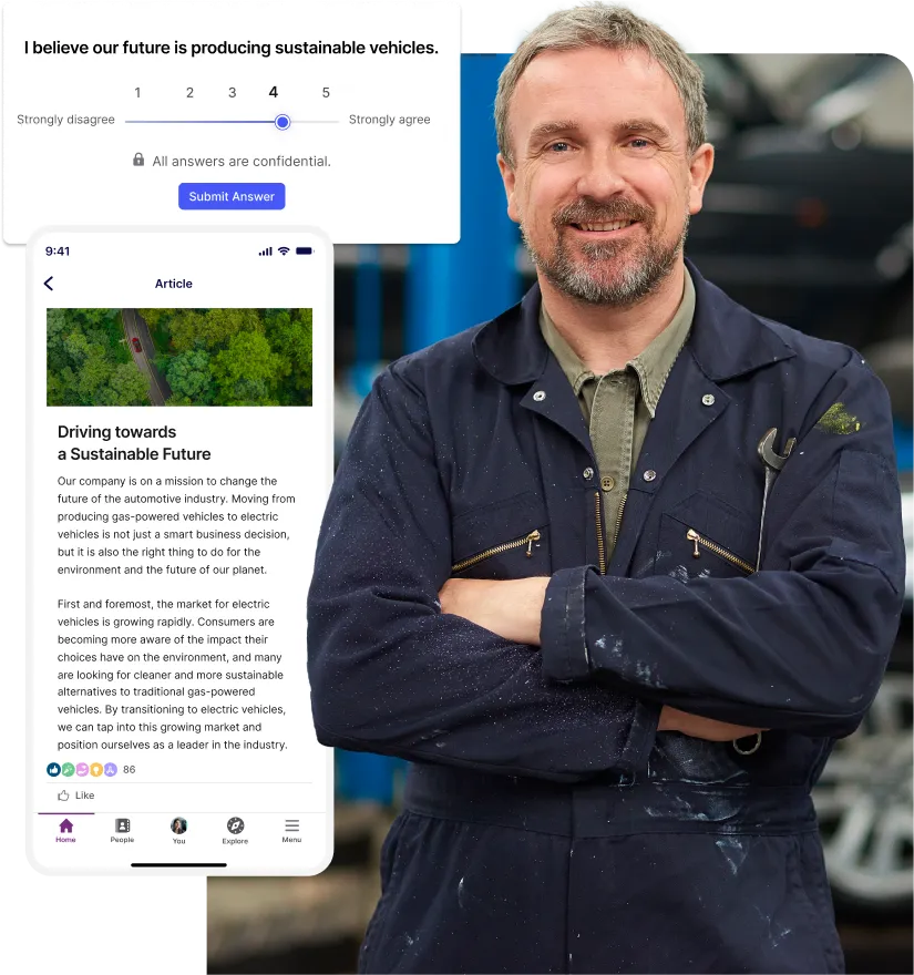 A person in a blue jumpsuit stands smiling, with a survey and article about sustainable vehicles displayed above.