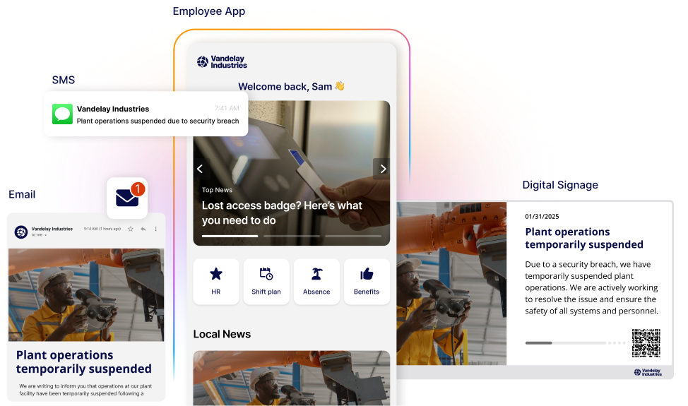 Mobile and desktop screens showing a security breach alert from Vandelay Industries, with a focus on plant operations suspension.