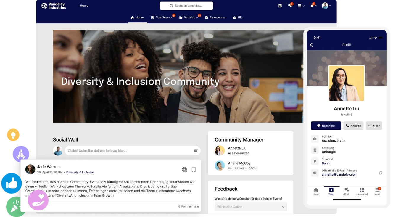 A group of diverse people smiling in an office setting. The screen shows a social platform interface with posts, profile details, and community info.