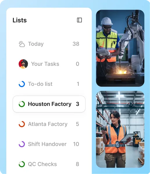 A side-by-side view showing a "Lists" menu with categories like "Houston Factory," "Atlanta Factory," and "QC Checks" alongside their respective task counts. To the right, photos show industrial workers—one operating a robotic welding arm and another reviewing a tablet in a warehouse.