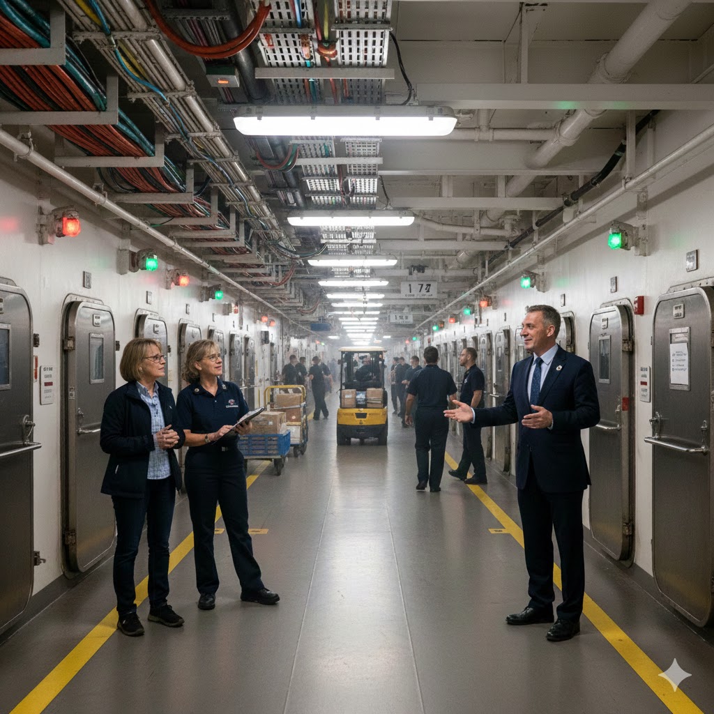 People working and talking in the central maintenance corridor of a cruise ship