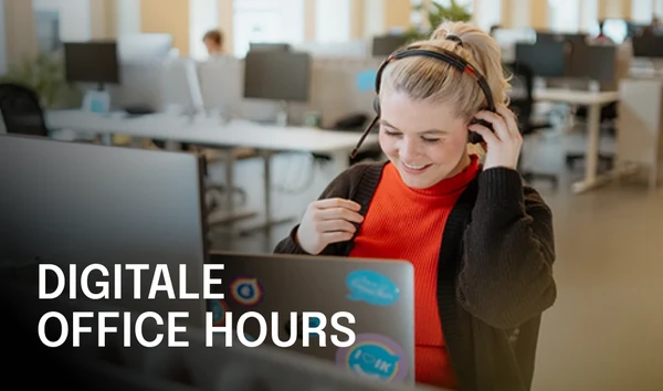 Smiling person with a headset at a laptop in a modern office. Text reads "Digital Office Hours."