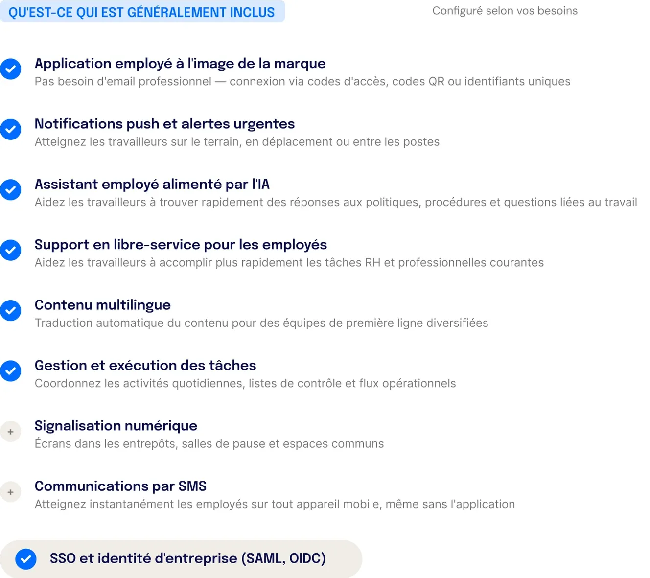 Tableau des fonctionnalités Staffbase pour les équipes de première ligne : application mobile à l'image de la marque, connexion sans email professionnel, notifications push, assistant employé IA, support en libre-service, contenu multilingue, gestion des tâches, signalisation numérique et communication par SMS.