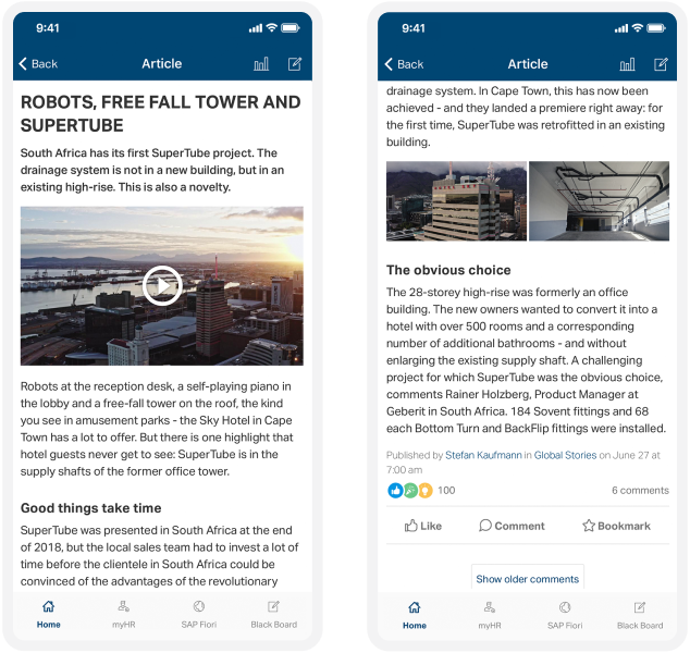 Two smartphone screens display an article about Cape Town's SuperTube project, featuring images of a cityscape and an indoor space with pipes.
