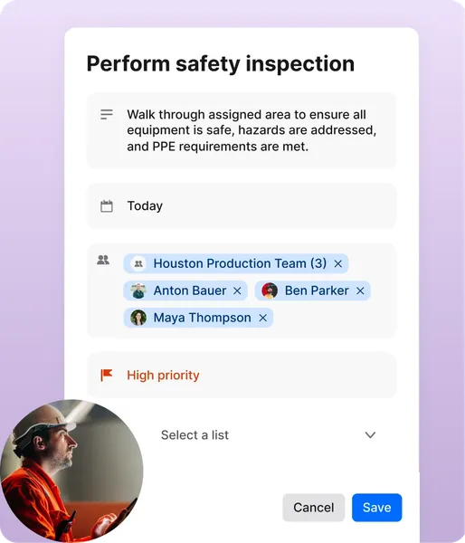 A detailed view of a digital task card titled "Perform safety inspection." The card includes a description of safety protocols, the deadline "Today," assigned team members (Anton Bauer, Ben Parker, Maya Thompson), and a "High priority" flag. An inset photo shows a worker in a hard hat and orange safety gear.