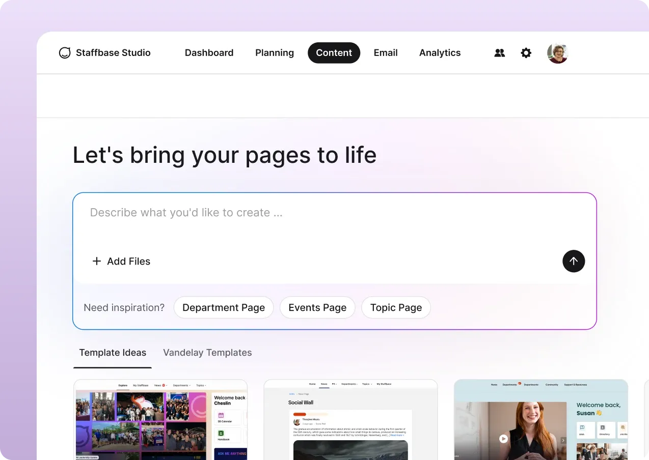 Screenshot of the Staffbase Studio interface, showing options for creating and organizing content.