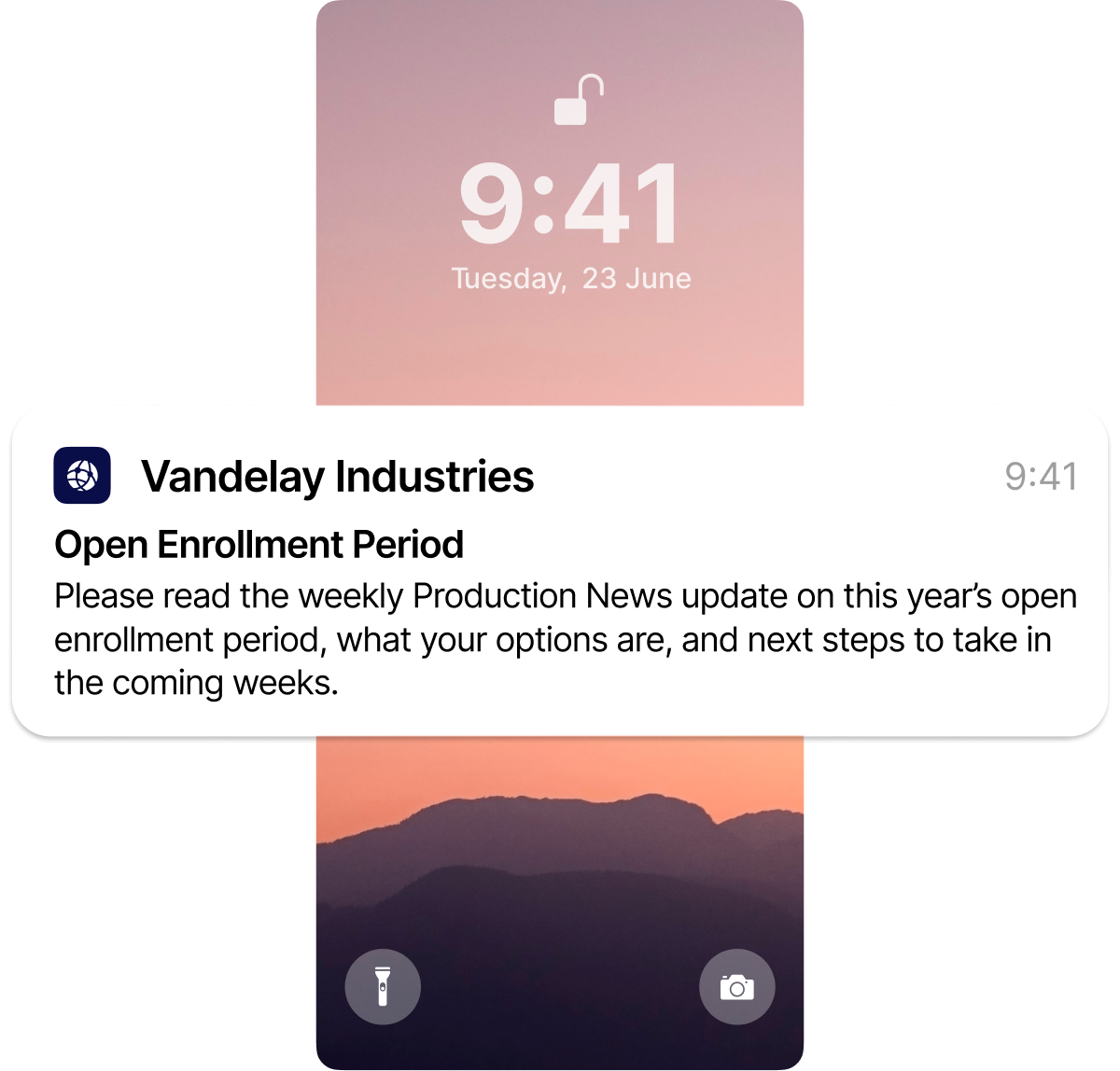 Smartphone lock screen with a notification from Vandelay Industries about open enrollment, displaying the date and time against a sunset background.