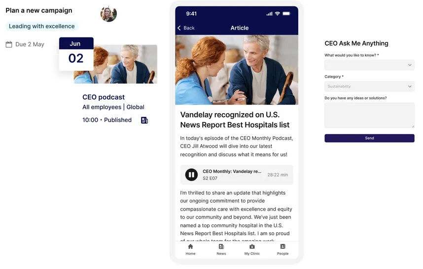 A collage showing a calendar event, podcast details, and a Q&A form, all related to a CEO discussing hospital recognition and excellence.