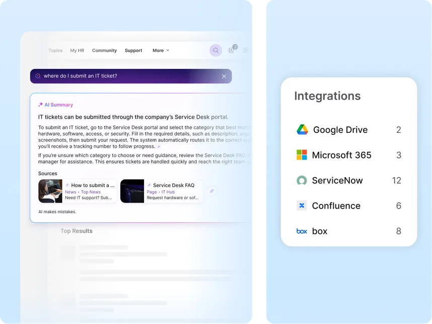 Image showing an AI-driven IT support interface with a search bar, suggestions, and software integrations like Google Drive and Microsoft 365.