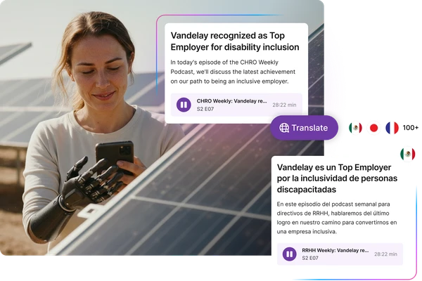 Woman with a prosthetic hand uses a smartphone near solar panels while a company news card appears in English and Spanish with a ‘Translate’ button and language icons