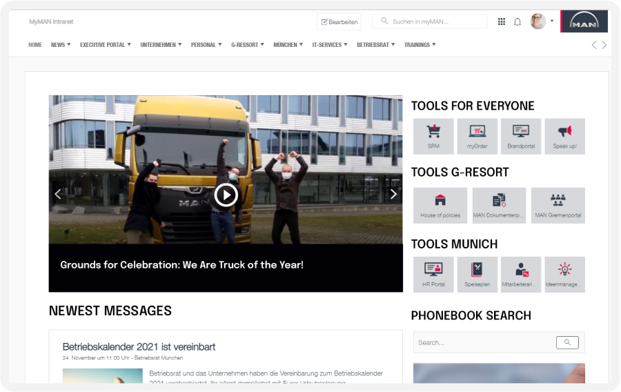 Screenshot of a website featuring a video thumbnail of people celebrating in front of a yellow truck, with navigation and tool links on the right.