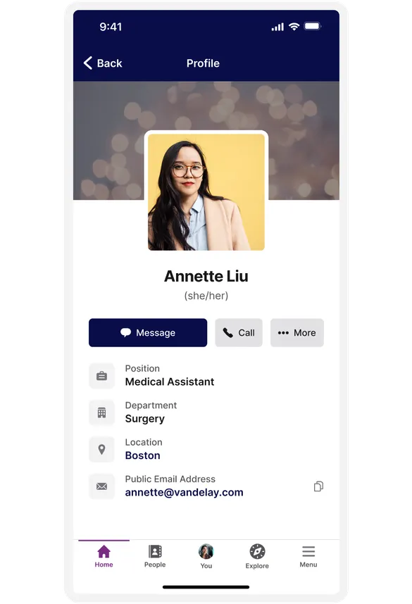 Profile page displaying a woman with glasses and long hair. Details include name, pronouns, position, department, location, and email.