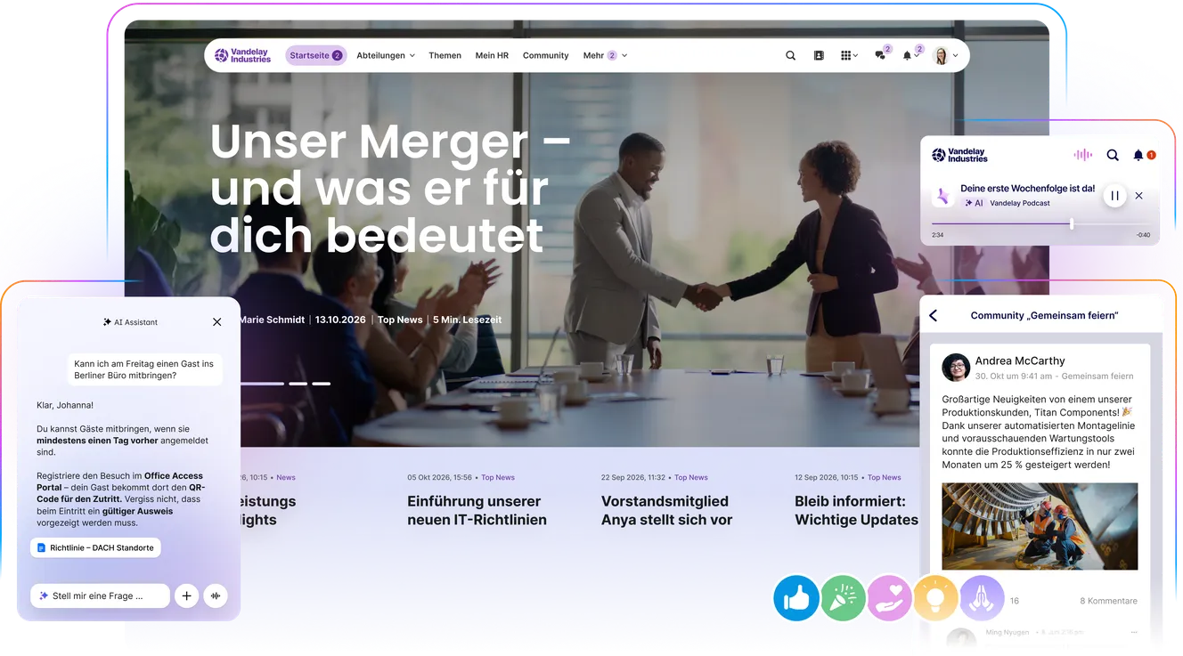 Desktop-Ansicht des Mitarbeiter-Intranets von Vandelay Industries. Die Startseite zeigt die Schlagzeile "Unser Merger – und was er für dich bedeutet" über einem Bild von zwei Geschäftsleuten, die sich die Hand geben. Links ist ein Pop-up des "AI Assistant" sichtbar, der eine Frage zu Gästeanmeldungen beantwortet. Rechts unten sind aktuelle Posts aus dem Newsfeed zu sehen ("Bleib informiert: Wichtige Updates") und rechts oben ein Widget für den "Vandelay Podcast" ("Deine erste Wochenfolge ist da!").