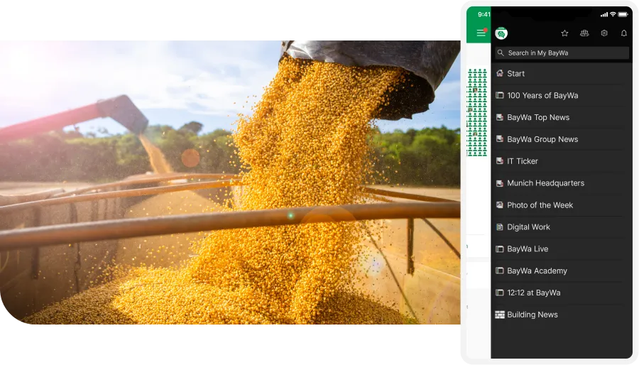 Grains pouring from a container into a truck bed; a smartphone displays a news app interface beside it.
