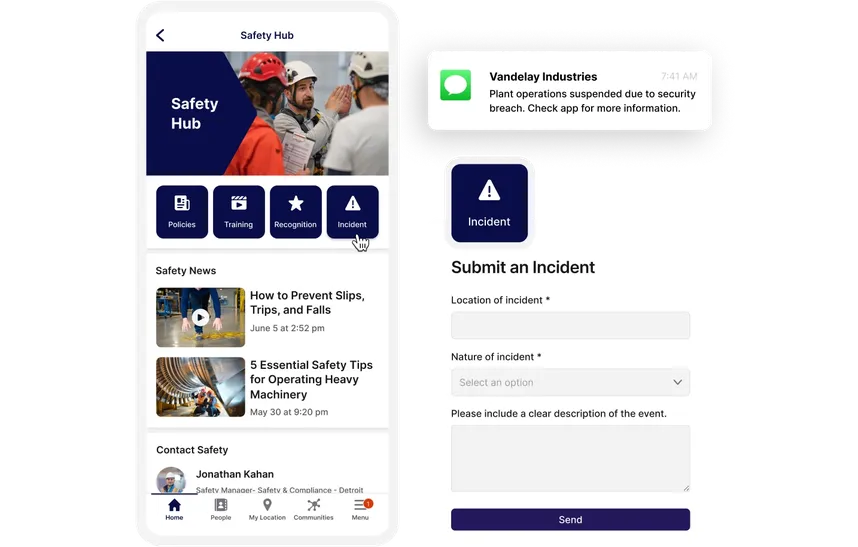 Mobile app interface showing a safety hub with news, training, and incident reporting features, including a notification about a security breach.