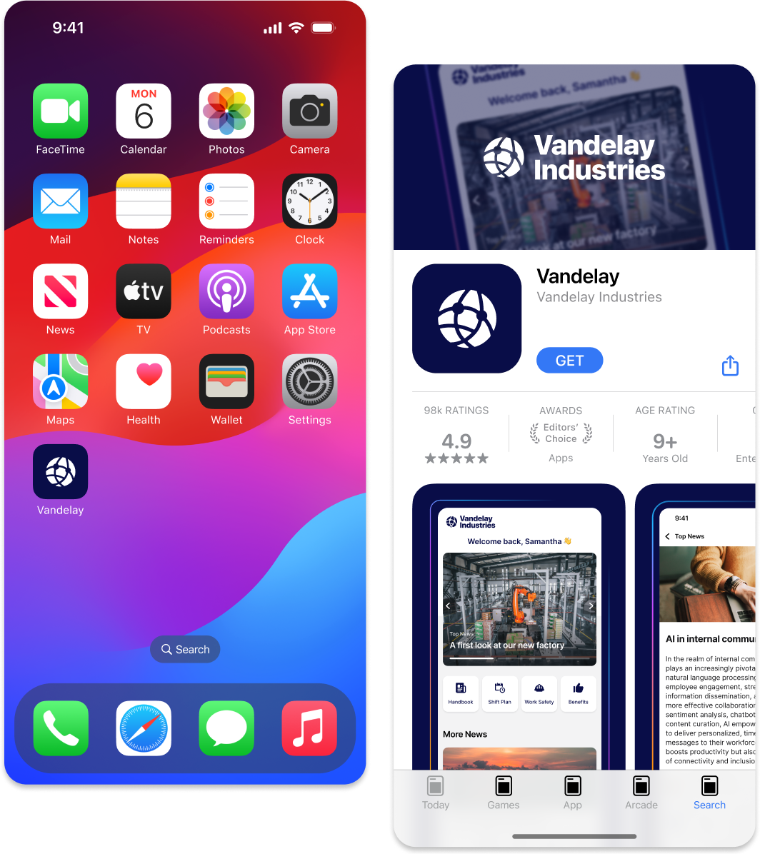 Split-screen view of a smartphone displaying a colorful home screen on the left and an app store page for "Vandelay Industries" on the right.