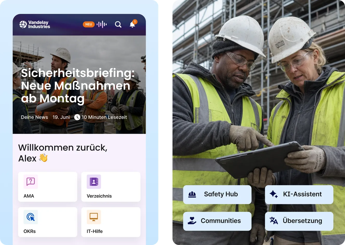 Staffbase Mitarbeitenden-App für die Baubranche: Sicherheitsbriefing-Artikel und Schnellzugriff auf AMA, Verzeichnis, OKRs und IT-Hilfe; daneben zwei Bauarbeiter auf einer Baustelle, die gemeinsam ein Tablet nutzen, mit Zugriff auf Safety Hub, KI-Assistent, Communities und Übersetzung